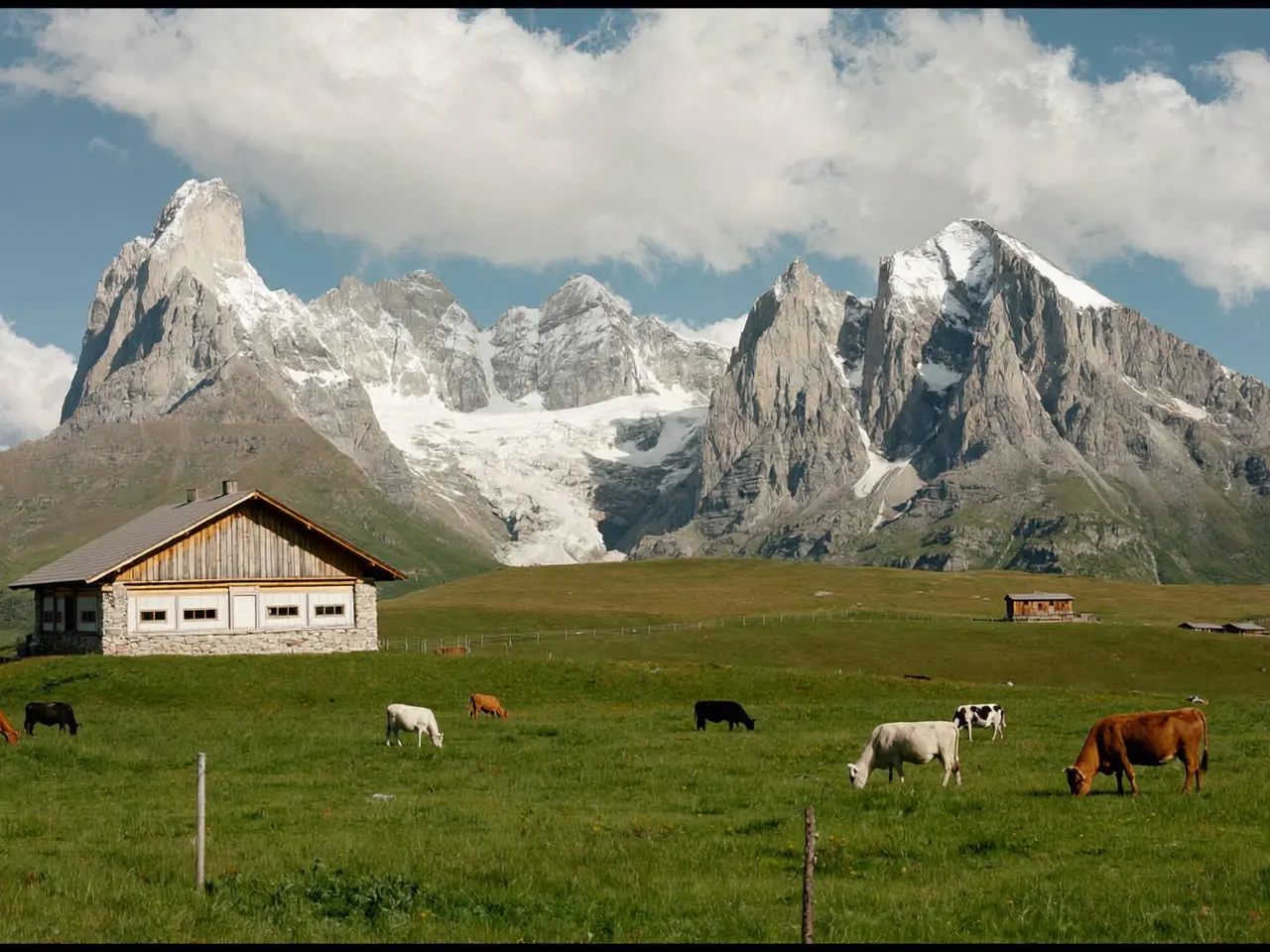 Troupeau au pâturage devant un chalet d’alpage, sommets rocheux enneigés à l’arrière-plan.