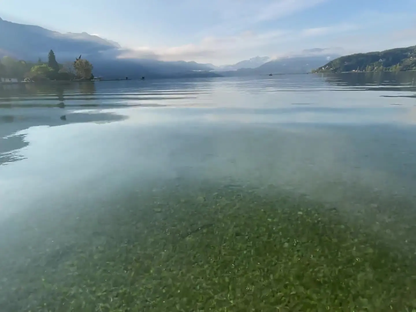Clear turquoise water of Lake Annecy, the pebble bed visible near the shore, mountains in the distance.