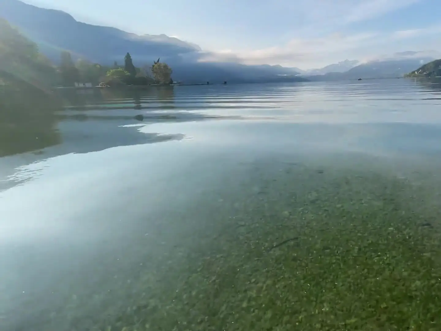 Rive ouest du lac d’Annecy et ses reflets, vue générale du lac sans lien direct avec la terrasse du restaurant.