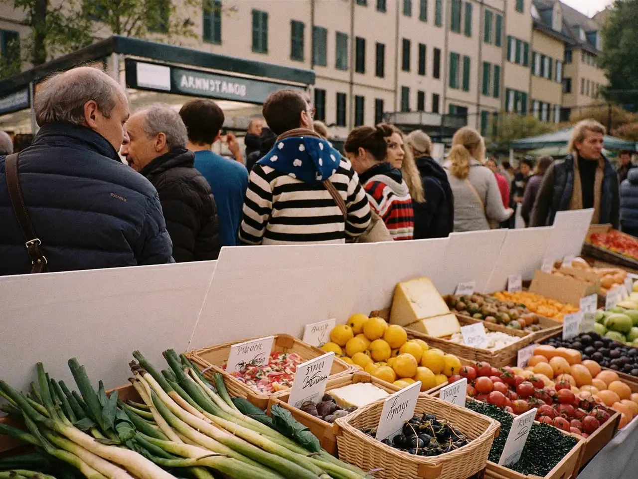 Étal coloré d’un marché de rue à Annecy, ambiance animée en centre-ville.